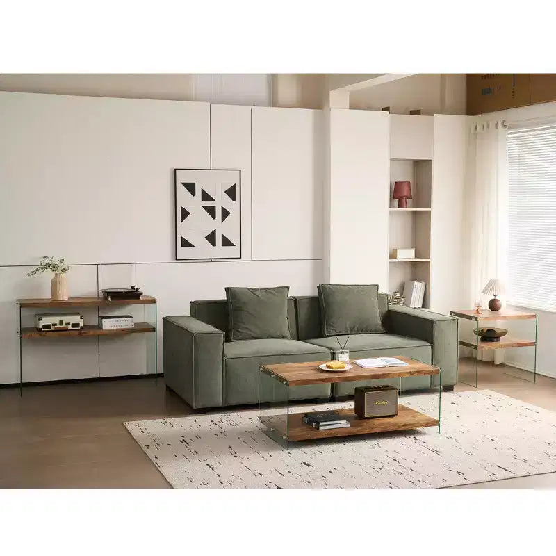 Console en MDF Noyer avec Plateau en Verre Trempé, Table d'Entrée Moderne pour Couloir et Salon