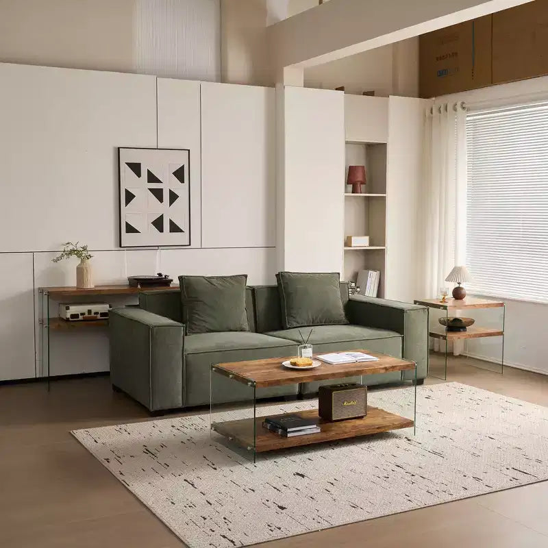 Console en MDF Noyer avec Plateau en Verre Trempé, Table d'Entrée Moderne pour Couloir et Salon