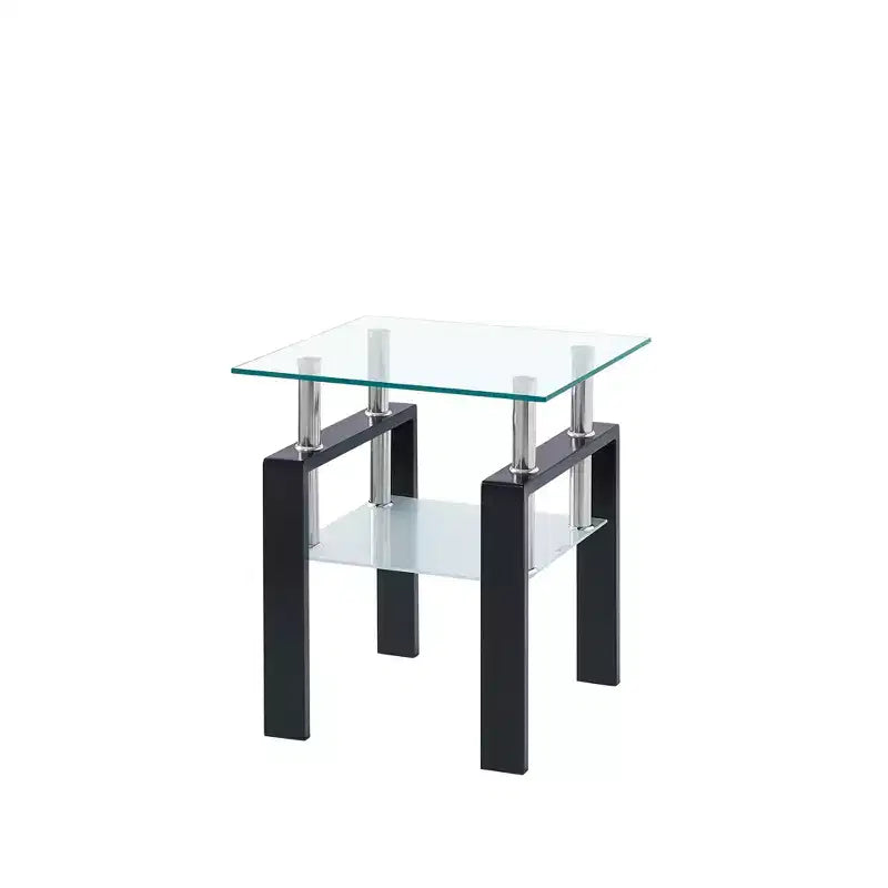 Table d'appoint en verre trempé, table de chevet à 2 niveaux avec rangement pour le salon et la chambre à coucher