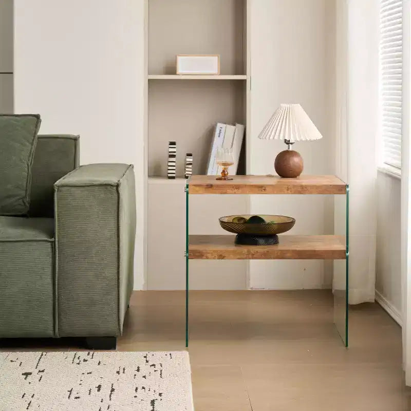 Table de chevet en MDF noyer avec plateau en verre trempé, table d'appoint moderne pour chambre et salon