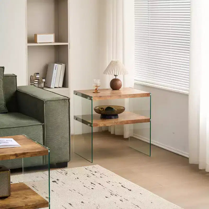 Table de chevet en MDF noyer avec plateau en verre trempé, table d'appoint moderne pour chambre et salon