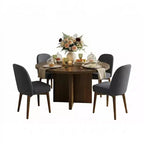 Ensemble table à manger ronde de style milieu de siècle pour 4 personnes, plateau en placage de noyer avec piètement en bois massif à pieds croisés et chaises en lin avec pieds en bois massif - Panipeachy