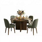 Ensemble table à manger ronde de style milieu de siècle pour 4 personnes, plateau en placage de noyer avec piètement en bois massif à pieds croisés et chaises en lin avec pieds en bois massif - Panipeachy