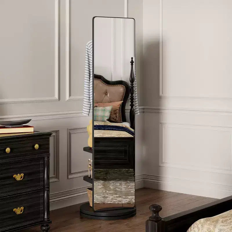 Miroir pleine longueur de 69 po avec support, miroir autoportant en bois massif rotatif à 360° avec crochets et porte-manteau pour chambre ou salon - Panipeachy