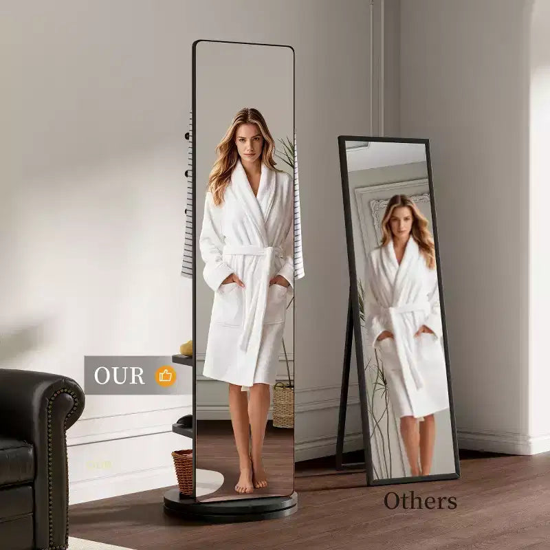 Miroir pleine longueur de 69 po avec support, miroir autoportant en bois massif rotatif à 360° avec crochets et porte-manteau pour chambre ou salon - Panipeachy