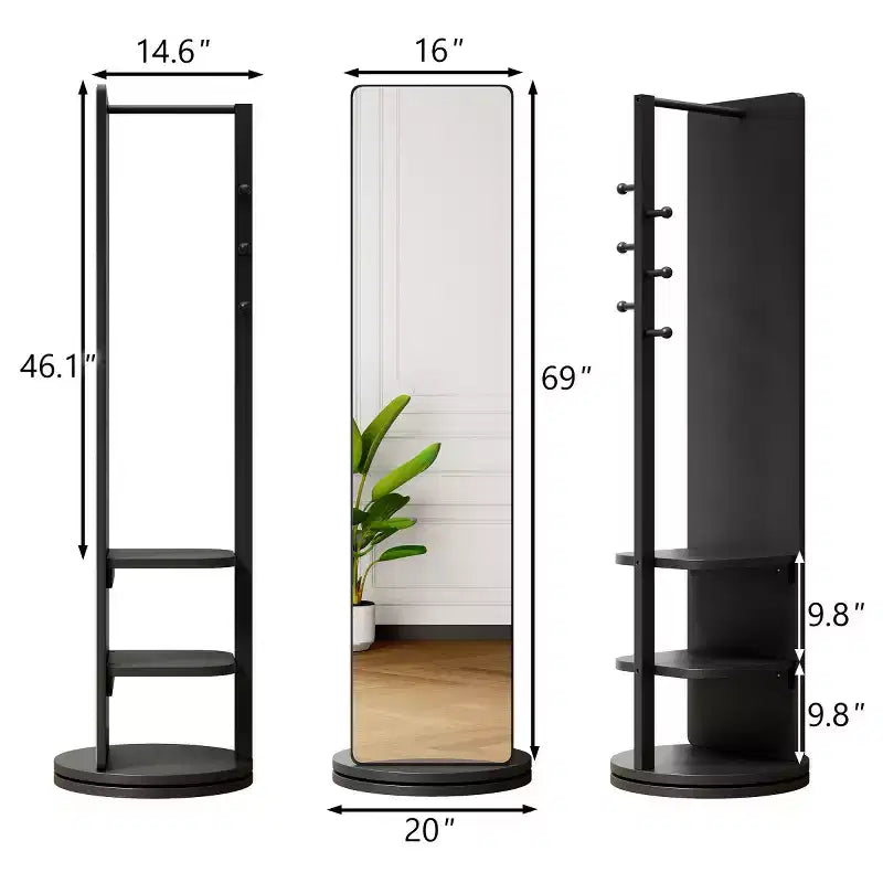 Miroir pleine longueur de 69 po avec support, miroir autoportant en bois massif rotatif à 360° avec crochets et porte-manteau pour chambre ou salon - Panipeachy
