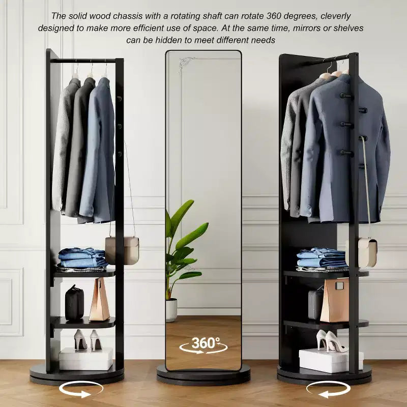 Miroir pleine longueur de 69 po avec support, miroir autoportant en bois massif rotatif à 360° avec crochets et porte-manteau pour chambre ou salon - Panipeachy