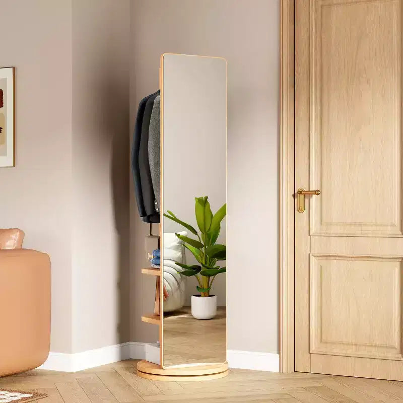Miroir pleine longueur de 69 po avec support, miroir autoportant en bois massif rotatif à 360° avec crochets et porte-manteau pour chambre ou salon - Panipeachy