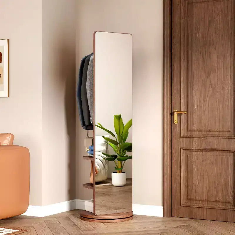 Miroir pleine longueur de 69 po avec support, miroir autoportant en bois massif rotatif à 360° avec crochets et porte-manteau pour chambre ou salon - Panipeachy