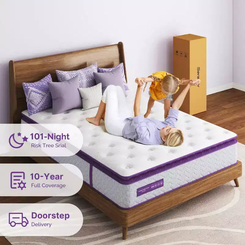 Matelas hybride Sersper 10 à ressorts ensachés et mousse à mémoire de forme avec surmatelas – Compatible avec les lits plateforme, les sommiers tapissiers ou les bases à lattes