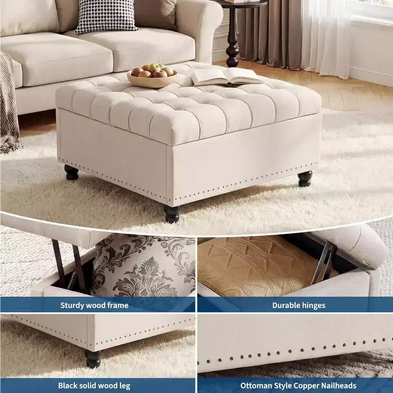 Grand pouf de rangement carré de 36 po avec couvercle relevable, banc table basse capitonné supportant 300 lb avec pieds en bois robustes, boîte de rangement multifonctionnelle repose-pieds