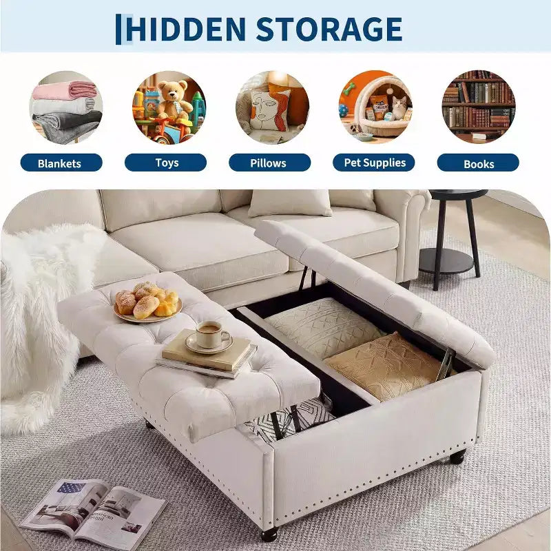 Grand pouf de rangement carré de 36 po avec couvercle relevable, banc table basse capitonné supportant 300 lb avec pieds en bois robustes, boîte de rangement multifonctionnelle repose-pieds