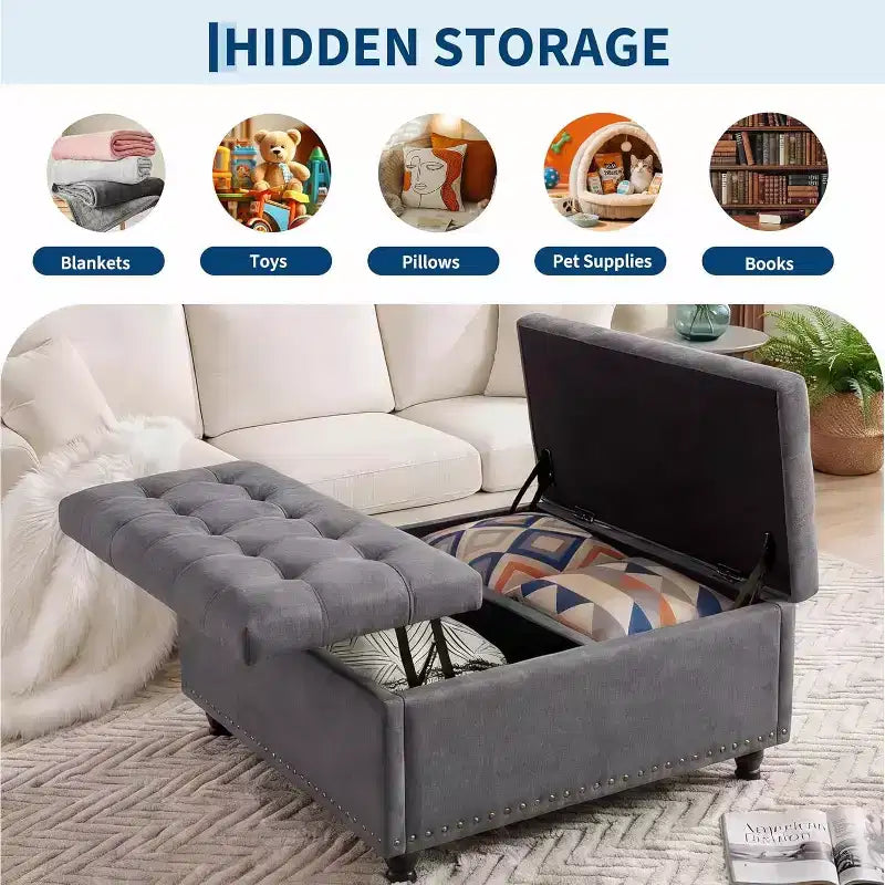 Grand pouf de rangement carré de 36 po avec couvercle relevable, banc table basse capitonné supportant 300 lb avec pieds en bois robustes, boîte de rangement multifonctionnelle repose-pieds
