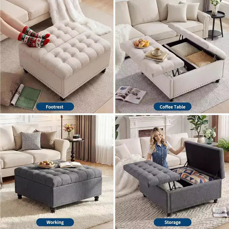 Grand pouf de rangement carré de 36 po avec couvercle relevable, banc table basse capitonné supportant 300 lb avec pieds en bois robustes, boîte de rangement multifonctionnelle repose-pieds