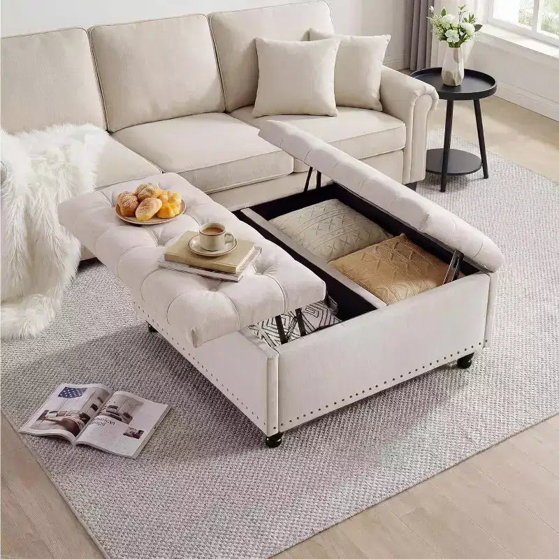 Grand pouf de rangement carré de 36 po avec couvercle relevable, banc table basse capitonné supportant 300 lb avec pieds en bois robustes, boîte de rangement multifonctionnelle repose-pieds