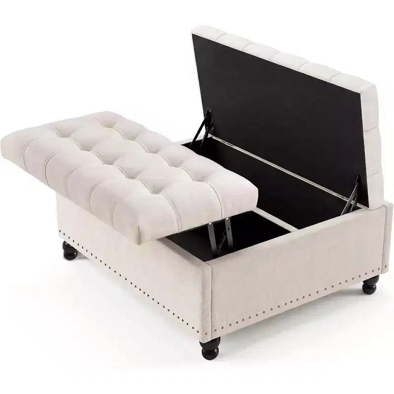 Grand pouf de rangement carré de 36 po avec couvercle relevable, banc table basse capitonné supportant 300 lb avec pieds en bois robustes, boîte de rangement multifonctionnelle repose-pieds