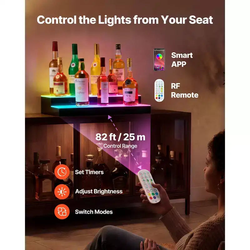 VEVOR Présentoir lumineux pour bouteilles d'alcool à LED, 2 niveaux 76 cm, compatible USB, étagère de bar à domicile illuminée en acrylique avec télécommande RF et contrôle via application, noir + blanc