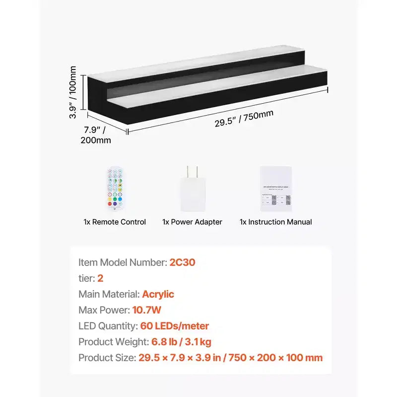 VEVOR Présentoir lumineux pour bouteilles d'alcool à LED, 2 niveaux 76 cm, compatible USB, étagère de bar à domicile illuminée en acrylique avec télécommande RF et contrôle via application, noir + blanc