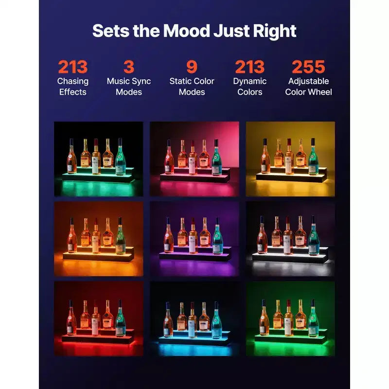 VEVOR Présentoir lumineux pour bouteilles d'alcool LED, 2 niveaux 61 cm, prend en charge USB, présentoir de bar à domicile lumineux en acrylique avec télécommande RF et contrôle par application, noir+blanc