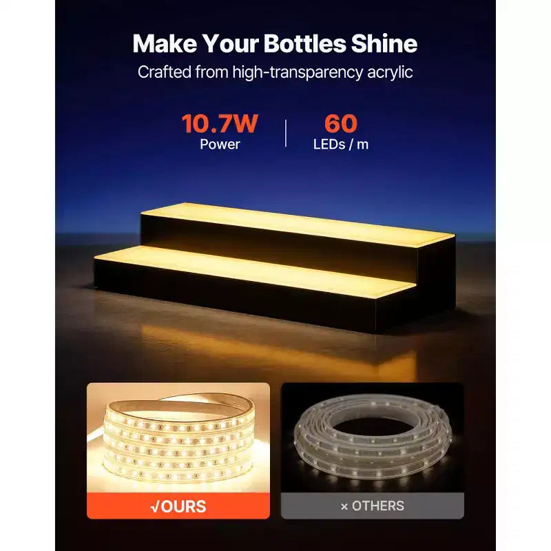 VEVOR Présentoir lumineux pour bouteilles d'alcool LED, 2 niveaux 61 cm, prend en charge USB, présentoir de bar à domicile lumineux en acrylique avec télécommande RF et contrôle par application, noir+blanc