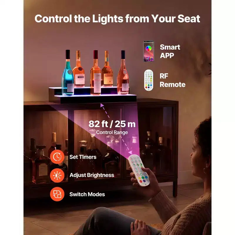 VEVOR Présentoir lumineux pour bouteilles d'alcool LED, 2 niveaux 61 cm, prend en charge USB, présentoir de bar à domicile lumineux en acrylique avec télécommande RF et contrôle par application, noir+blanc
