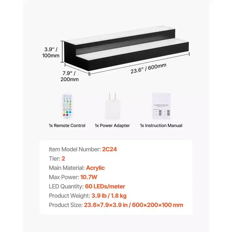 VEVOR Présentoir lumineux pour bouteilles d'alcool LED, 2 niveaux 61 cm, prend en charge USB, présentoir de bar à domicile lumineux en acrylique avec télécommande RF et contrôle par application, noir+blanc