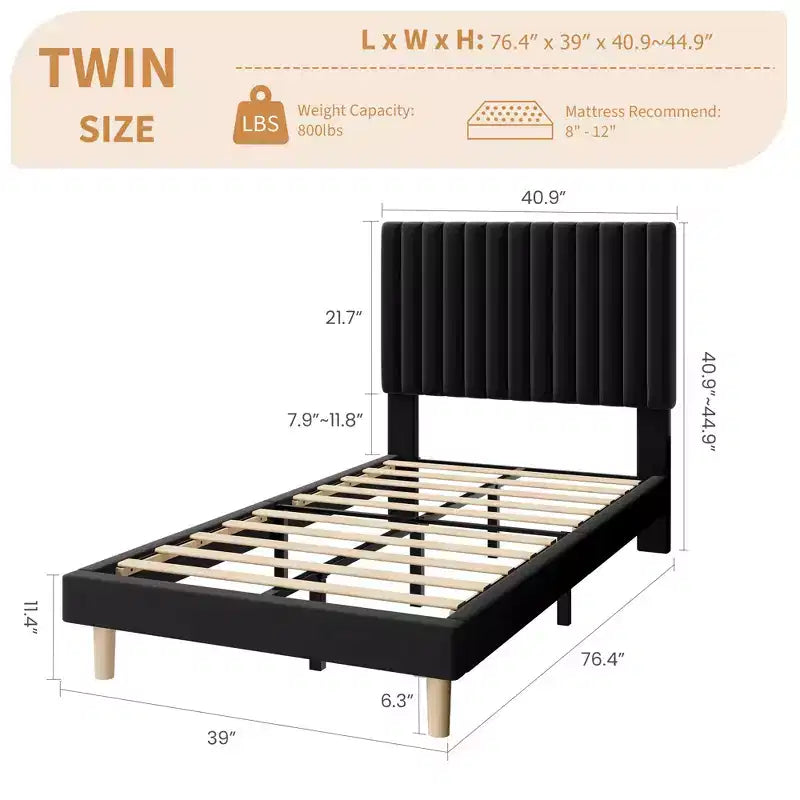 Lot de 2 lits plateforme doubles en velours avec tête de lit réglable, design capitonné à canal vertical, sommier tapissier non requis, capacité robuste de 363 kg