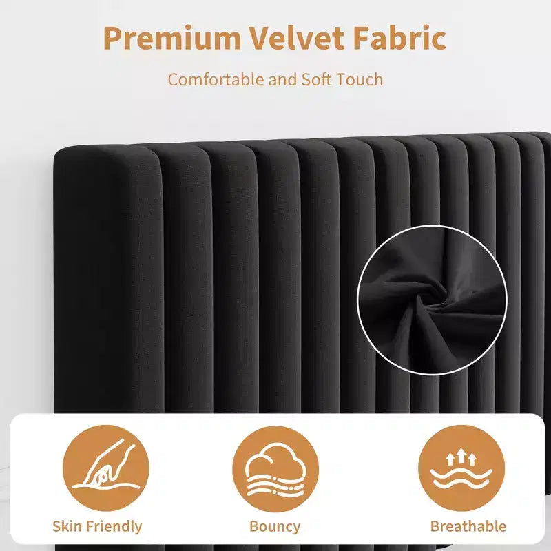 Lot de 2 lits plateforme doubles en velours avec tête de lit réglable, design capitonné à canal vertical, sommier tapissier non requis, capacité robuste de 363 kg