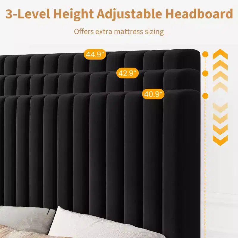 Lot de 2 lits plateforme doubles en velours avec tête de lit réglable, design capitonné à canal vertical, sommier tapissier non requis, capacité robuste de 363 kg