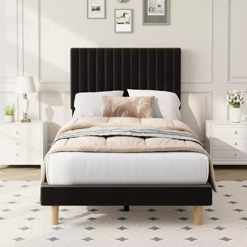 Lot de 2 lits plateforme doubles en velours avec tête de lit réglable, design capitonné à canal vertical, sommier tapissier non requis, capacité robuste de 363 kg