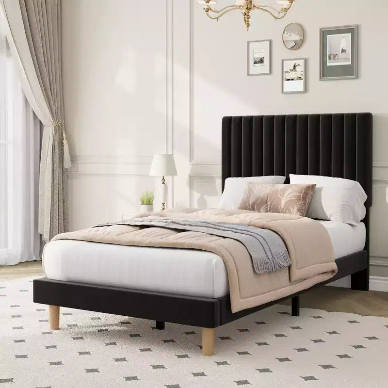 Lot de 2 lits plateforme doubles en velours avec tête de lit réglable, design capitonné à canal vertical, sommier tapissier non requis, capacité robuste de 363 kg