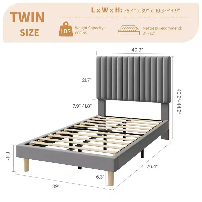 Lot de 2 lits plateforme doubles en velours avec tête de lit réglable, design capitonné à canal vertical, sommier tapissier non requis, capacité robuste de 363 kg