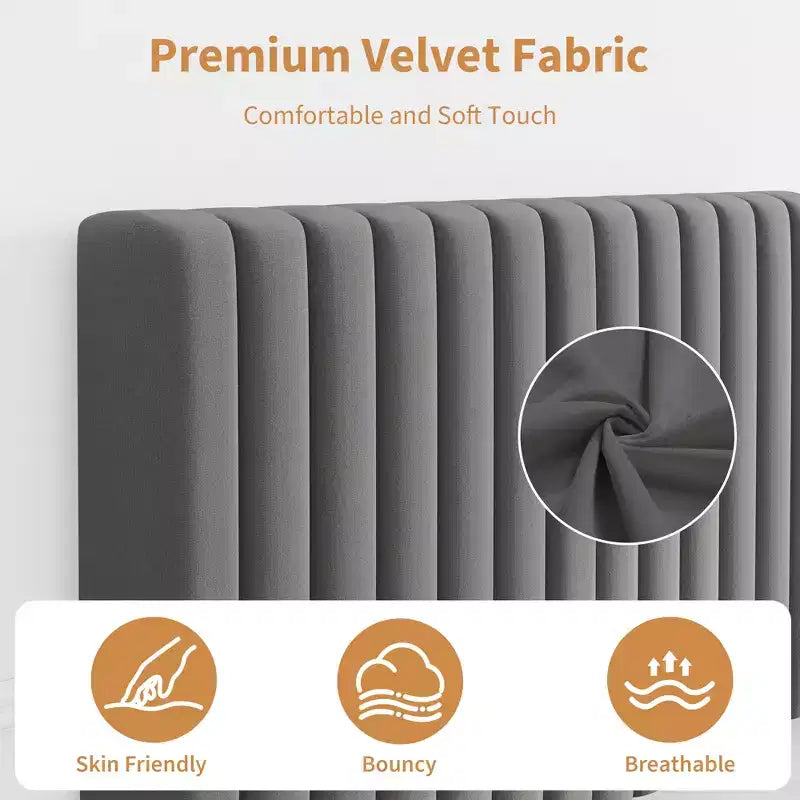 Lot de 2 lits plateforme doubles en velours avec tête de lit réglable, design capitonné à canal vertical, sommier tapissier non requis, capacité robuste de 363 kg