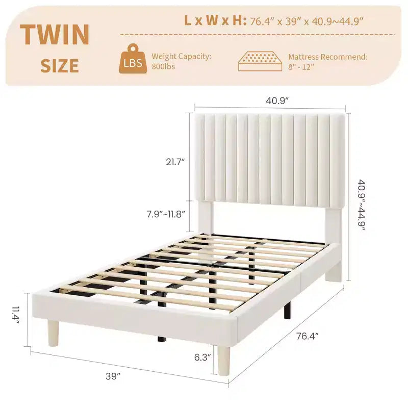 Lot de 2 lits plateforme doubles en velours avec tête de lit réglable, design capitonné à canal vertical, sommier tapissier non requis, capacité robuste de 363 kg