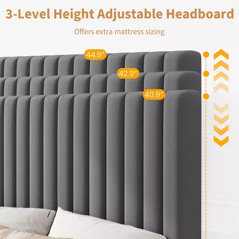 Lot de 2 lits plateforme doubles en velours avec tête de lit réglable, design capitonné à canal vertical, sommier tapissier non requis, capacité robuste de 363 kg
