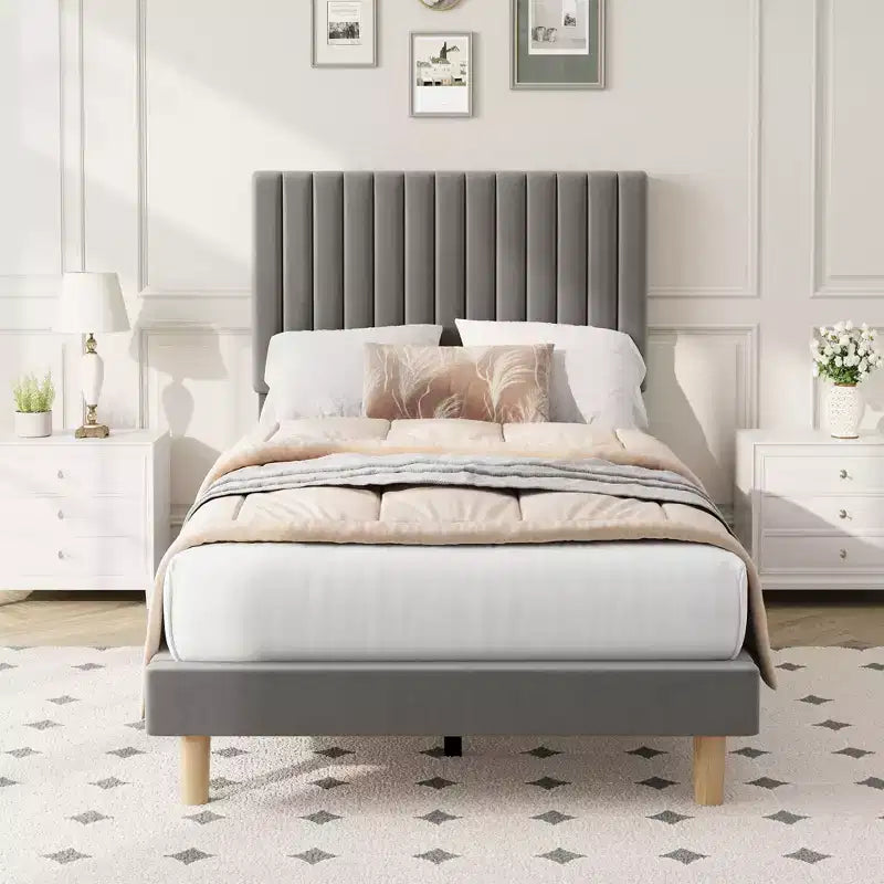 Lot de 2 lits plateforme doubles en velours avec tête de lit réglable, design capitonné à canal vertical, sommier tapissier non requis, capacité robuste de 363 kg