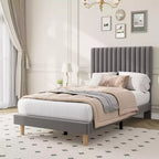 Lot de 2 lits plateforme doubles en velours avec tête de lit réglable, design capitonné à canal vertical, sommier tapissier non requis, capacité robuste de 363 kg