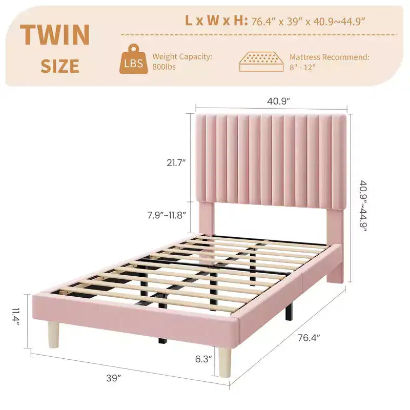 Lot de 2 lits plateforme doubles en velours avec tête de lit réglable, design capitonné à canal vertical, sommier tapissier non requis, capacité robuste de 363 kg