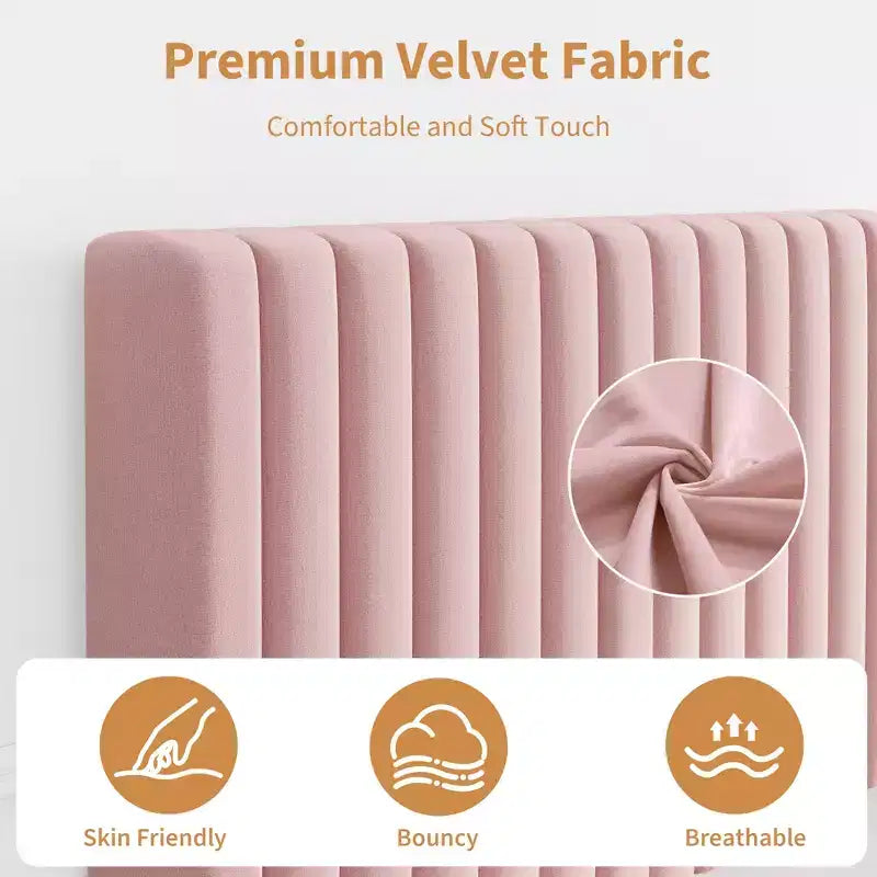 Lot de 2 lits plateforme doubles en velours avec tête de lit réglable, design capitonné à canal vertical, sommier tapissier non requis, capacité robuste de 363 kg