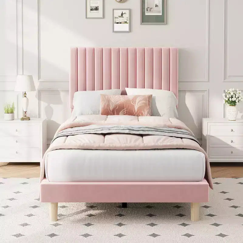 Lot de 2 lits plateforme doubles en velours avec tête de lit réglable, design capitonné à canal vertical, sommier tapissier non requis, capacité robuste de 363 kg