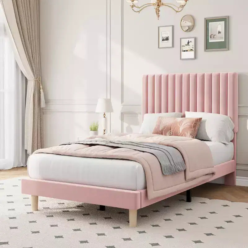 Lot de 2 lits plateforme doubles en velours avec tête de lit réglable, design capitonné à canal vertical, sommier tapissier non requis, capacité robuste de 363 kg