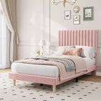 Lot de 2 lits plateforme doubles en velours avec tête de lit réglable, design capitonné à canal vertical, sommier tapissier non requis, capacité robuste de 363 kg