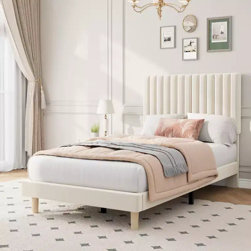 Lot de 2 lits plateforme doubles en velours avec tête de lit réglable, design capitonné à canal vertical, sommier tapissier non requis, capacité robuste de 363 kg