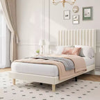 Lot de 2 lits plateforme doubles en velours avec tête de lit réglable, design capitonné à canal vertical, sommier tapissier non requis, capacité robuste de 363 kg