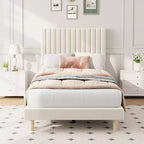 Lot de 2 lits plateforme doubles en velours avec tête de lit réglable, design capitonné à canal vertical, sommier tapissier non requis, capacité robuste de 363 kg