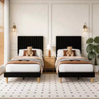 Lot de 2 lits plateforme doubles en velours avec tête de lit réglable, design capitonné à canal vertical, sommier tapissier non requis, capacité robuste de 363 kg