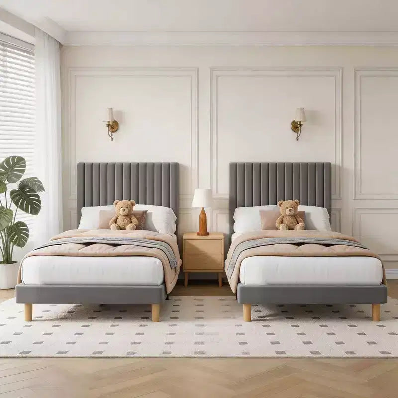 Lot de 2 lits plateforme doubles en velours avec tête de lit réglable, design capitonné à canal vertical, sommier tapissier non requis, capacité robuste de 363 kg