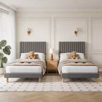Lot de 2 lits plateforme doubles en velours avec tête de lit réglable, design capitonné à canal vertical, sommier tapissier non requis, capacité robuste de 363 kg