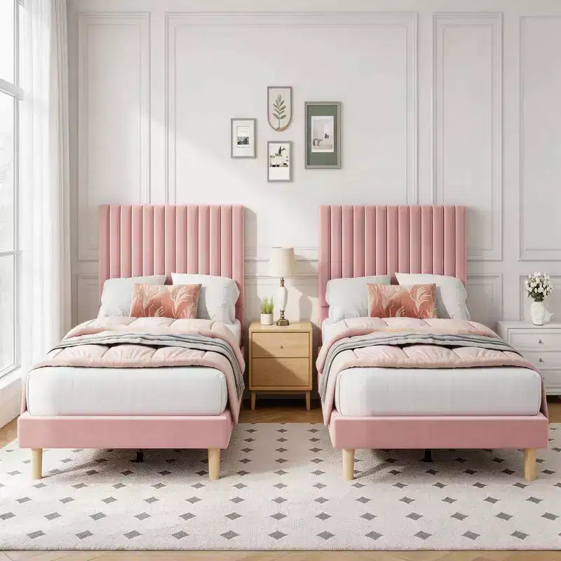 Lot de 2 lits plateforme doubles en velours avec tête de lit réglable, design capitonné à canal vertical, sommier tapissier non requis, capacité robuste de 363 kg