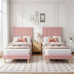 Lot de 2 lits plateforme doubles en velours avec tête de lit réglable, design capitonné à canal vertical, sommier tapissier non requis, capacité robuste de 363 kg